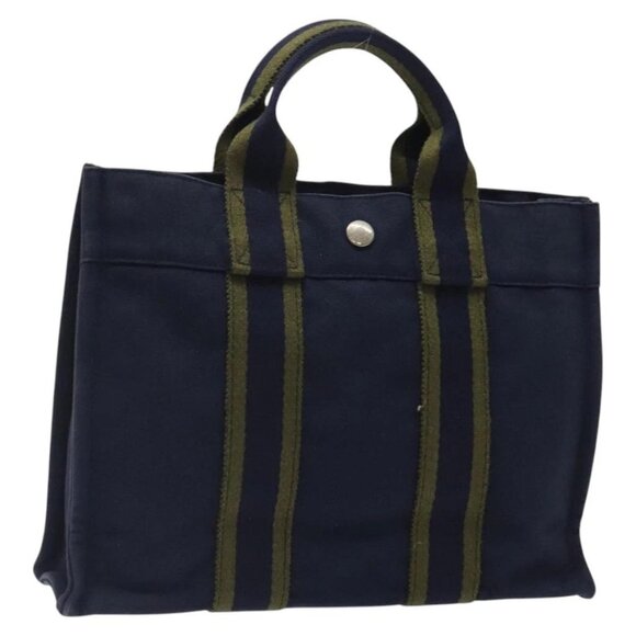 HERMES Fourre Tout PM Hand Bag Canvas Navy Green Silver Auth sw656 - Picture 1 of 16